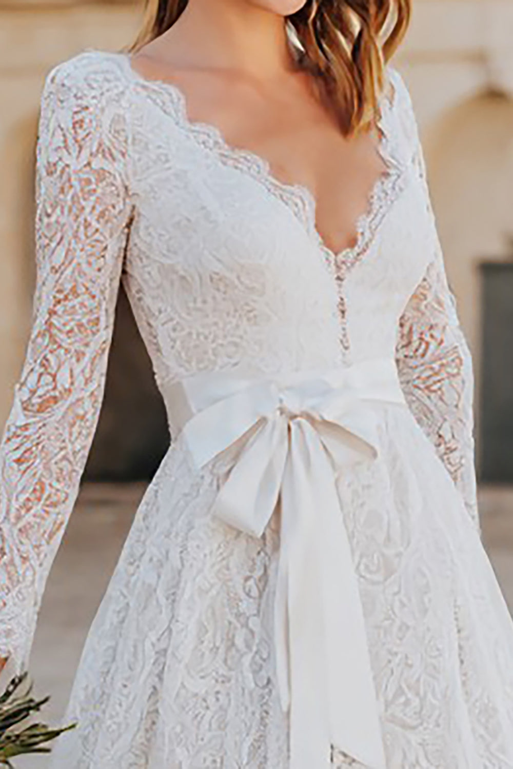 Ivory A Line Lace Midi Boho Wedding Dress with Bow