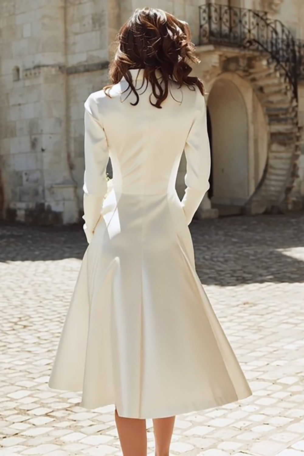 Ivory A Line Peak Lapel Midi Engagement Blazer Dress with Sleeves