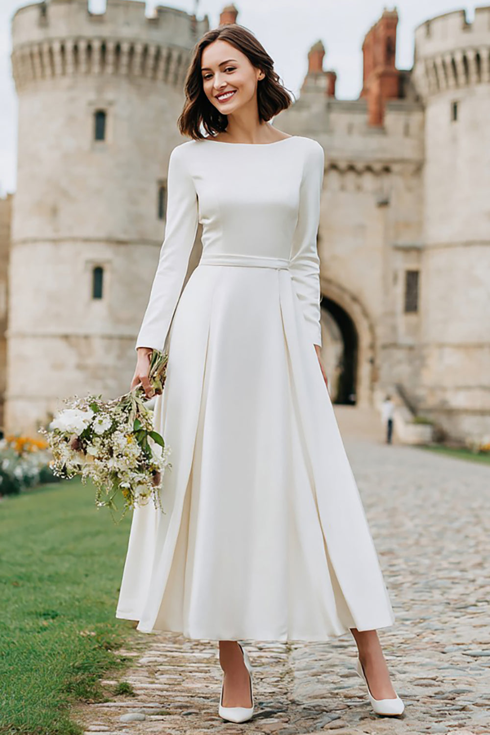 Ivory Satin Boat Neck A Line Long Sleeves Engagement Dress
