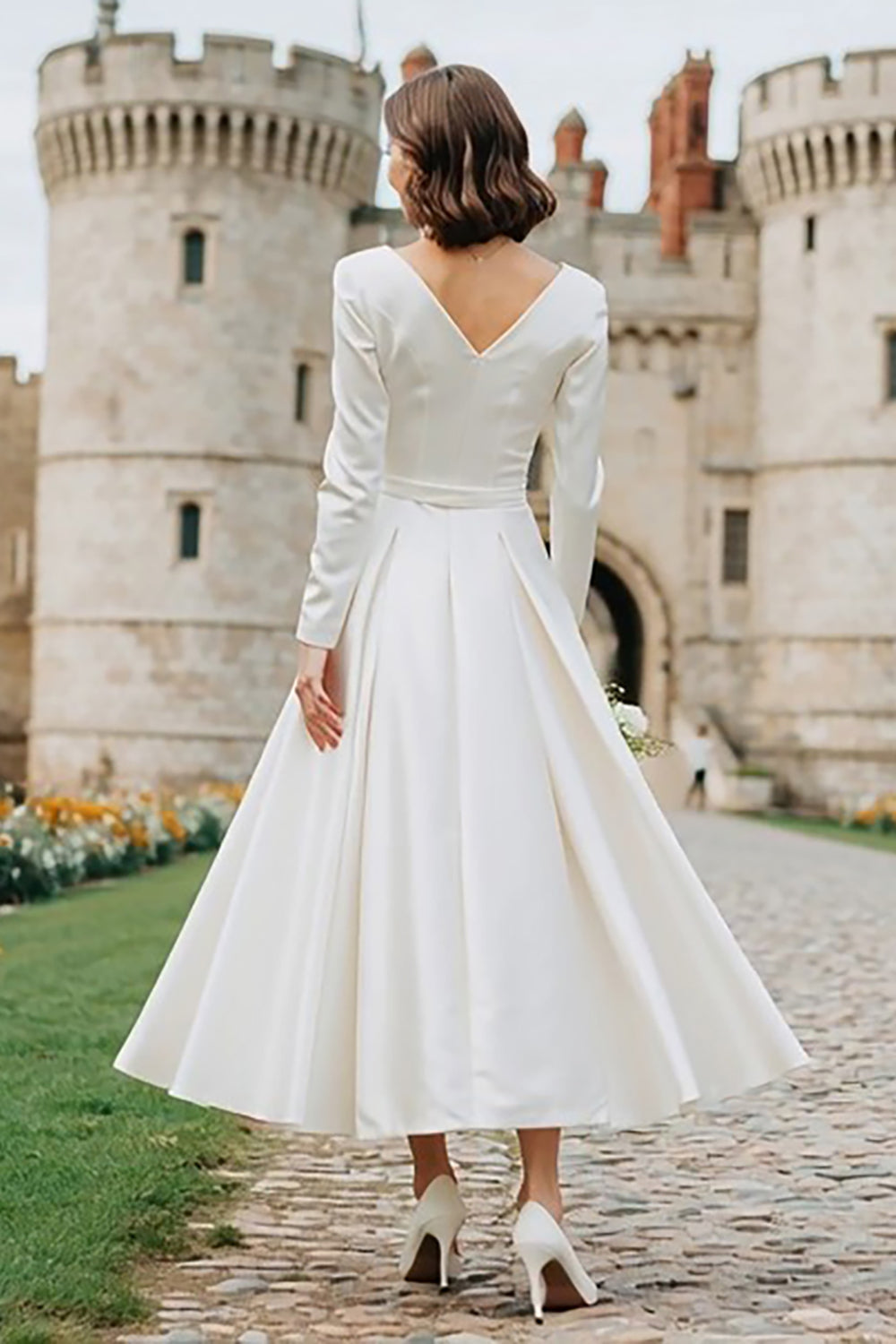 Ivory Satin Boat Neck A Line Long Sleeves Engagement Dress