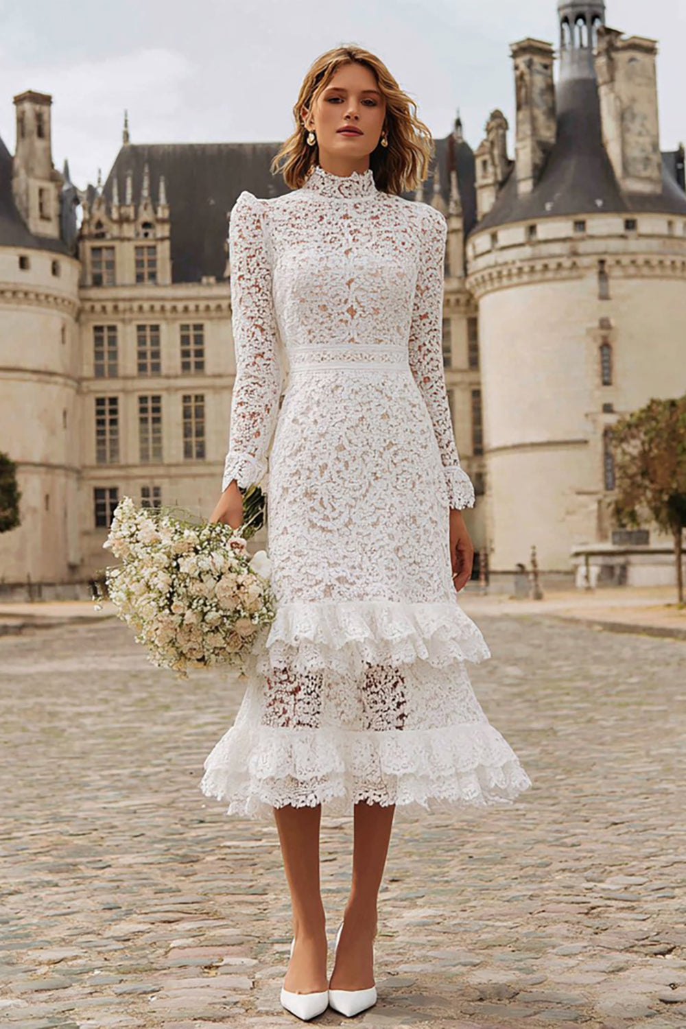 Ivory Lace High Neck Tiered Midi Engagement Dress with Sleeves