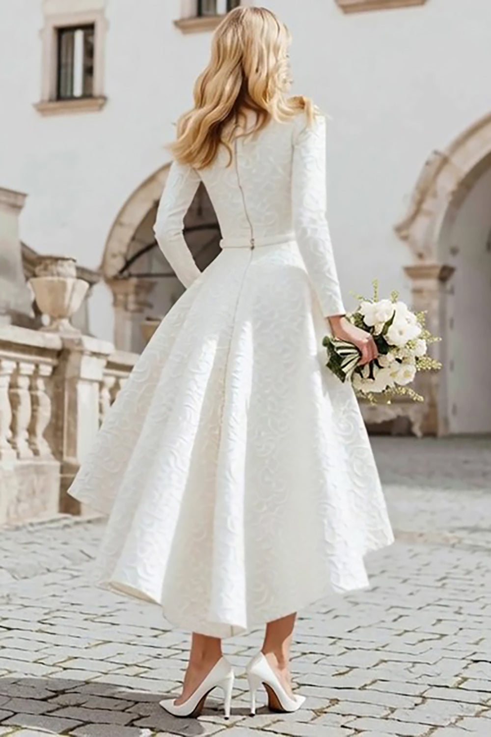 Modest Ivory A Line Boat Neck High-Low Engagement Dress with Pockets