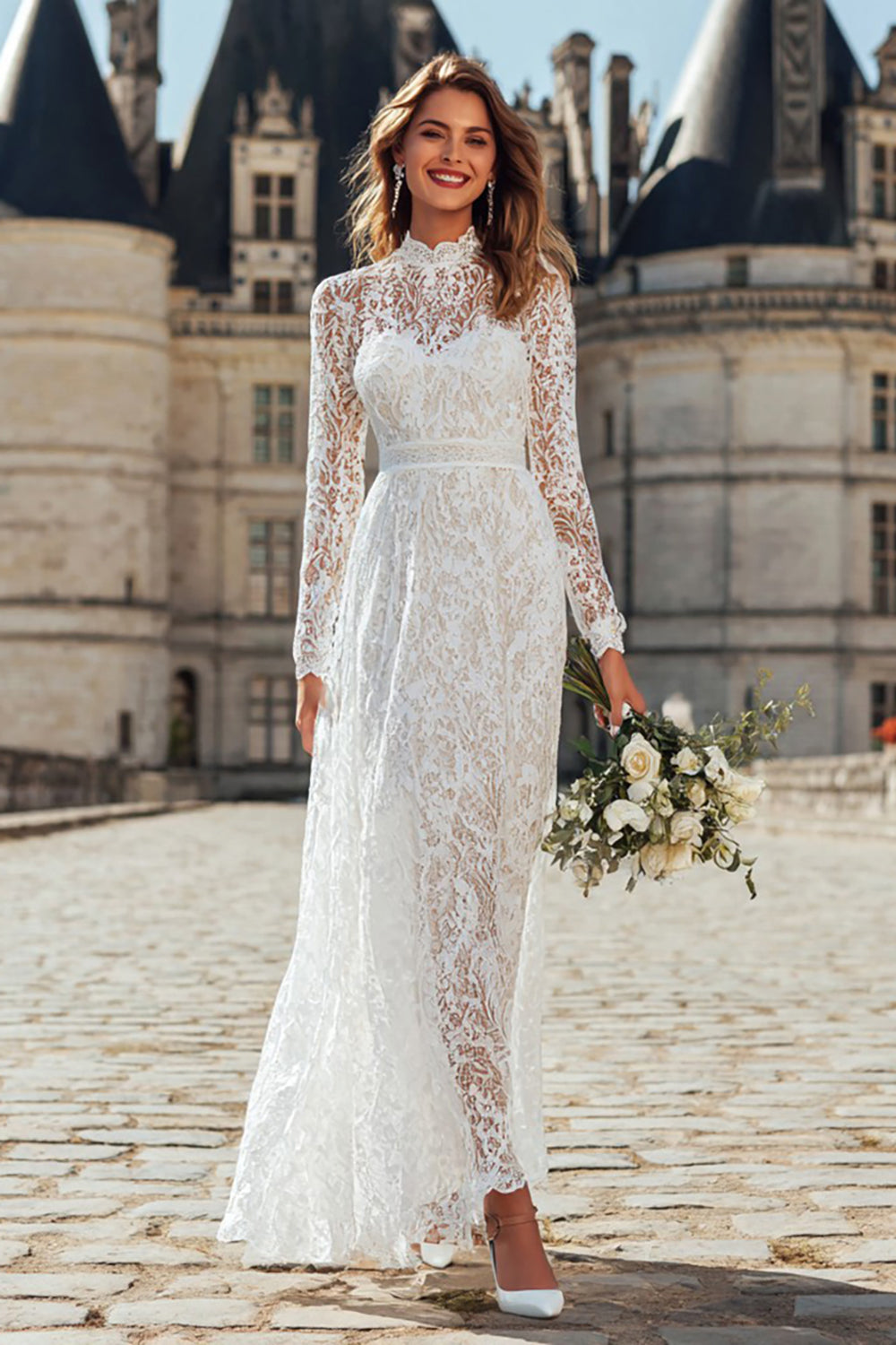 Ivory Lace High Neck A-Line Floor Length Wedding Dress with Sleeves