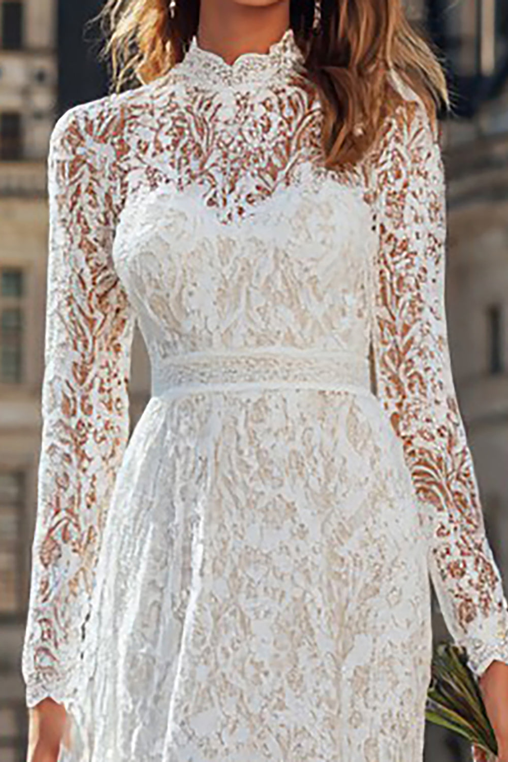 Ivory Lace High Neck A-Line Floor Length Wedding Dress with Sleeves