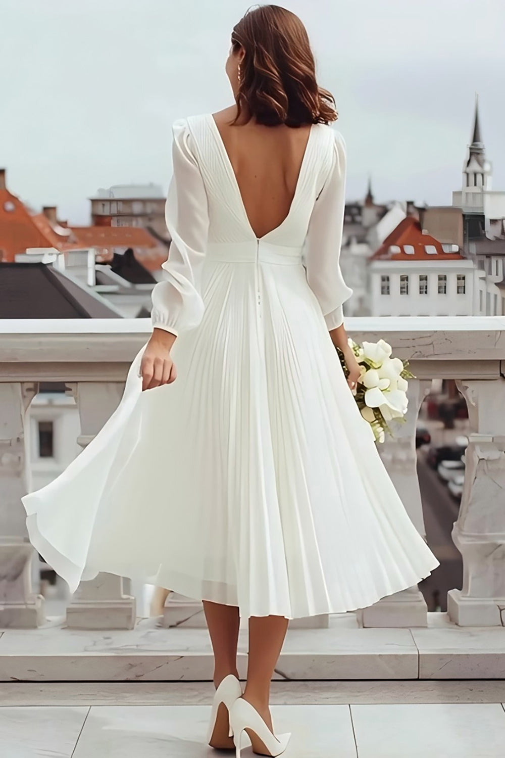 Ivory A Line V-Neck Midi Wedding Dress with Slit