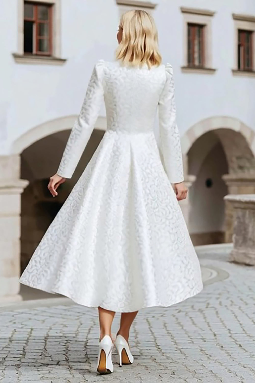 Ivory A-Line Bateau Neck High Low Wedding Dress with Sleeves