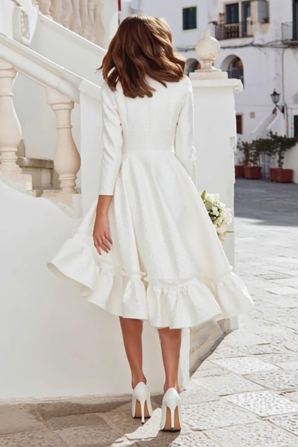 Modest Ivory Satin Round Neck A Line Midi Wedding Dress with Sleeves
