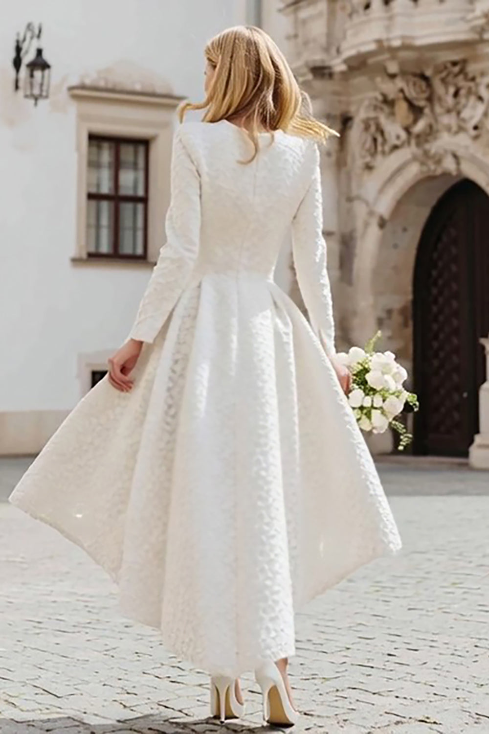 Modest Ivory A-Line Round Neck High Low Engagement Dress with Sleeves