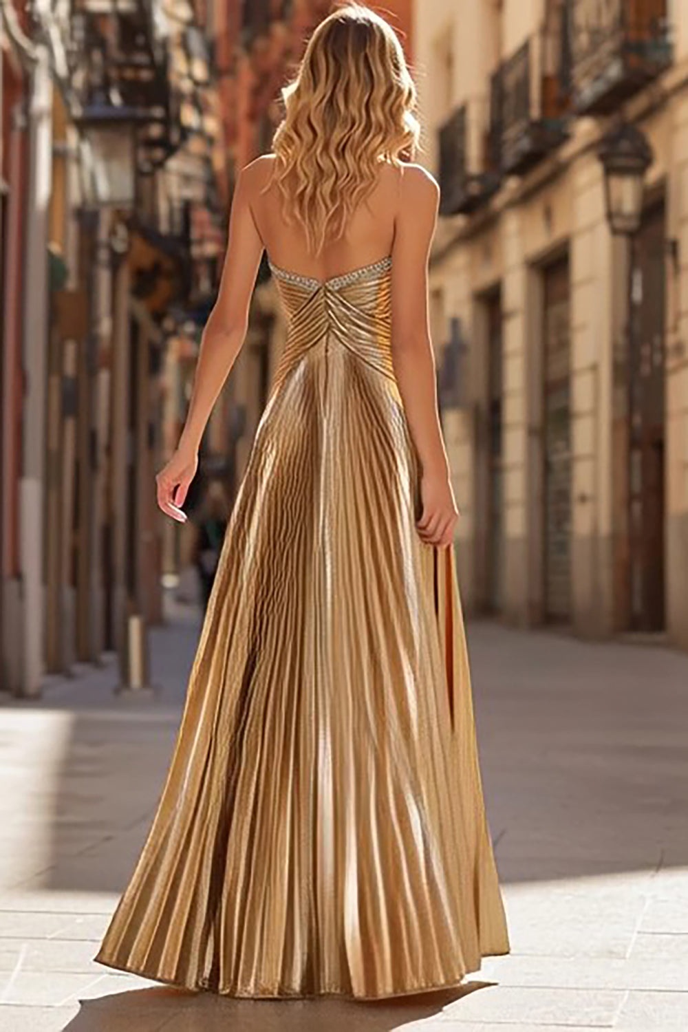 Metallic Gold A-Line Beaded Pleated Strapless Long Sparkly Prom Dress