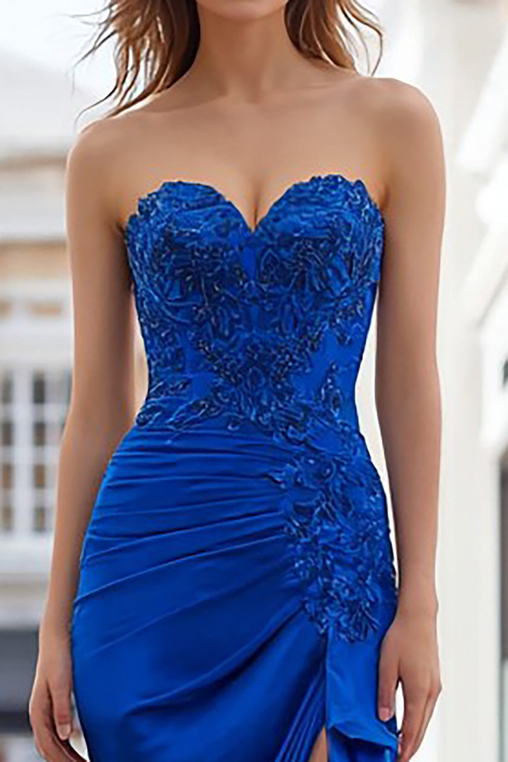 Royal Blue Appliqued Sweetheart Mermaid Long Prom Dress with Slit