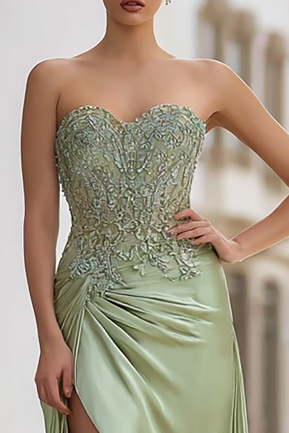 Sage Green Satin Strapless Appliqued Long Corset Prom Dress with Slit
