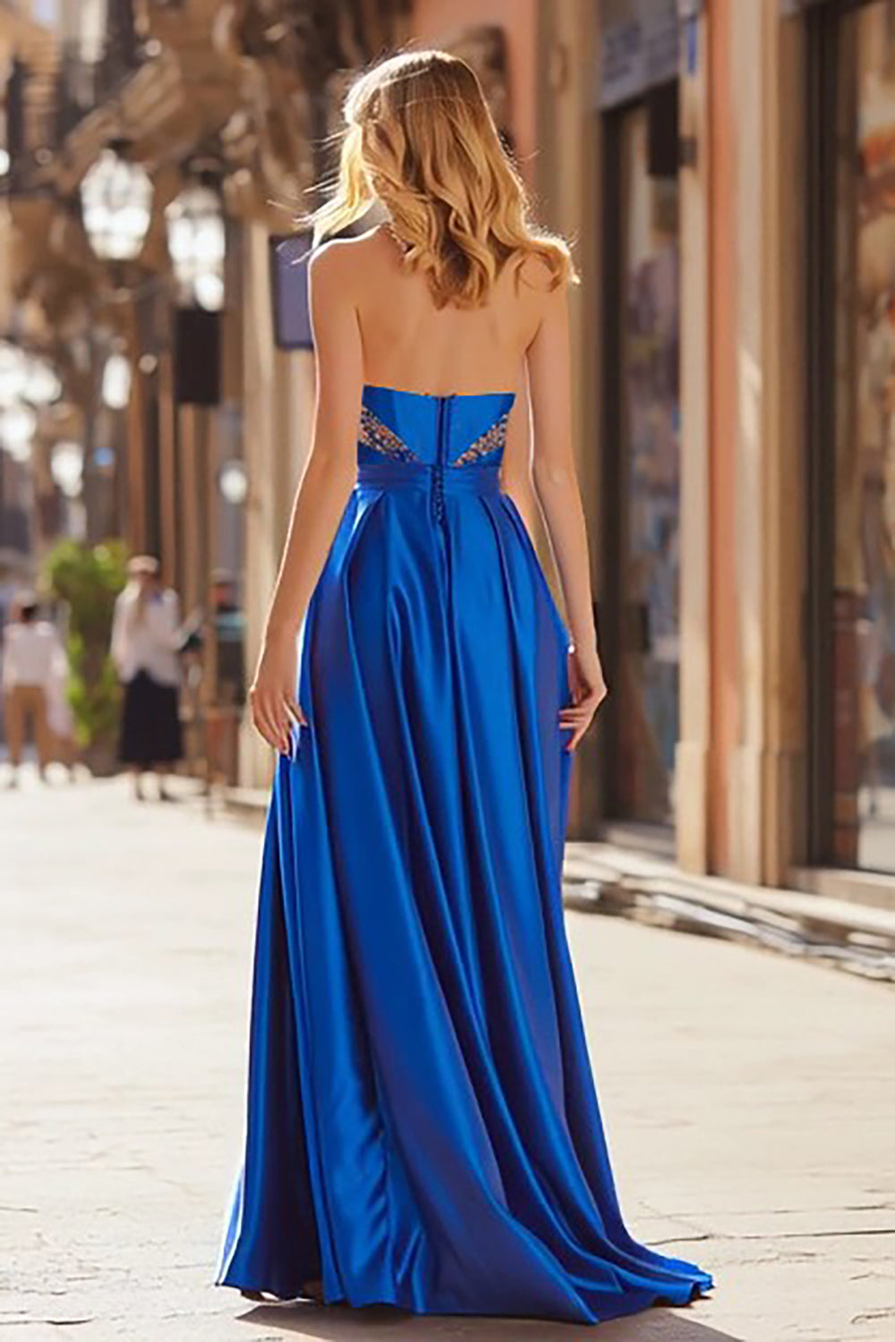 Sparkly Royal Blue A-Line Strapless Beaded Long Satin Prom Dress with Slit