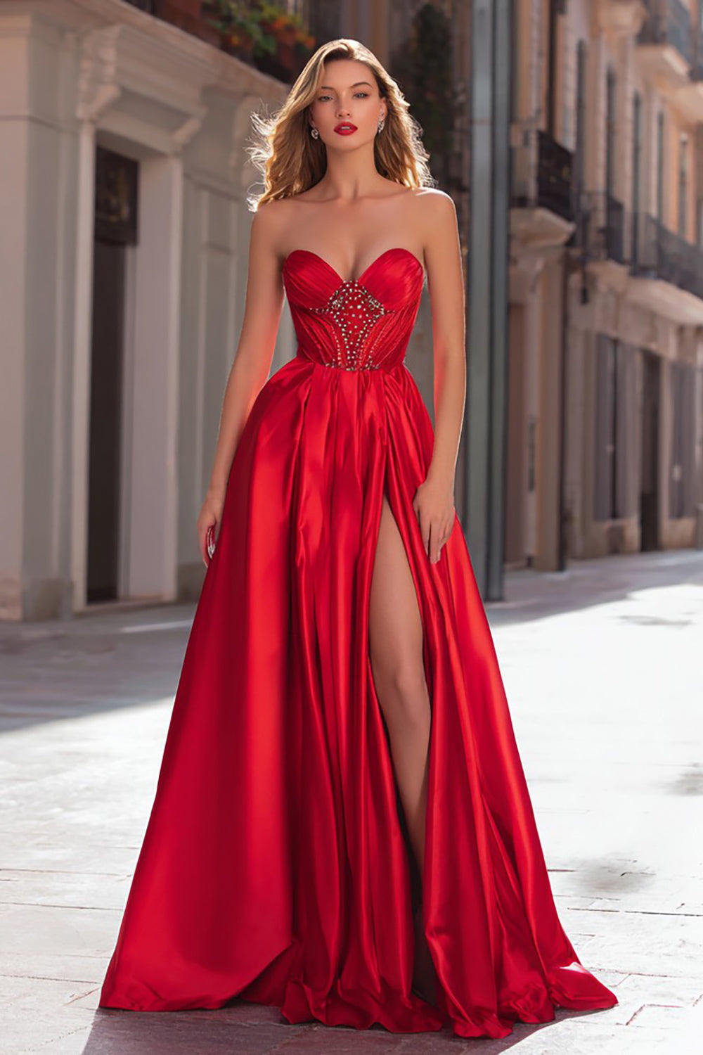 Sparkly Red Satin A-Line Strapless Long Beaded Prom Dress with Slit