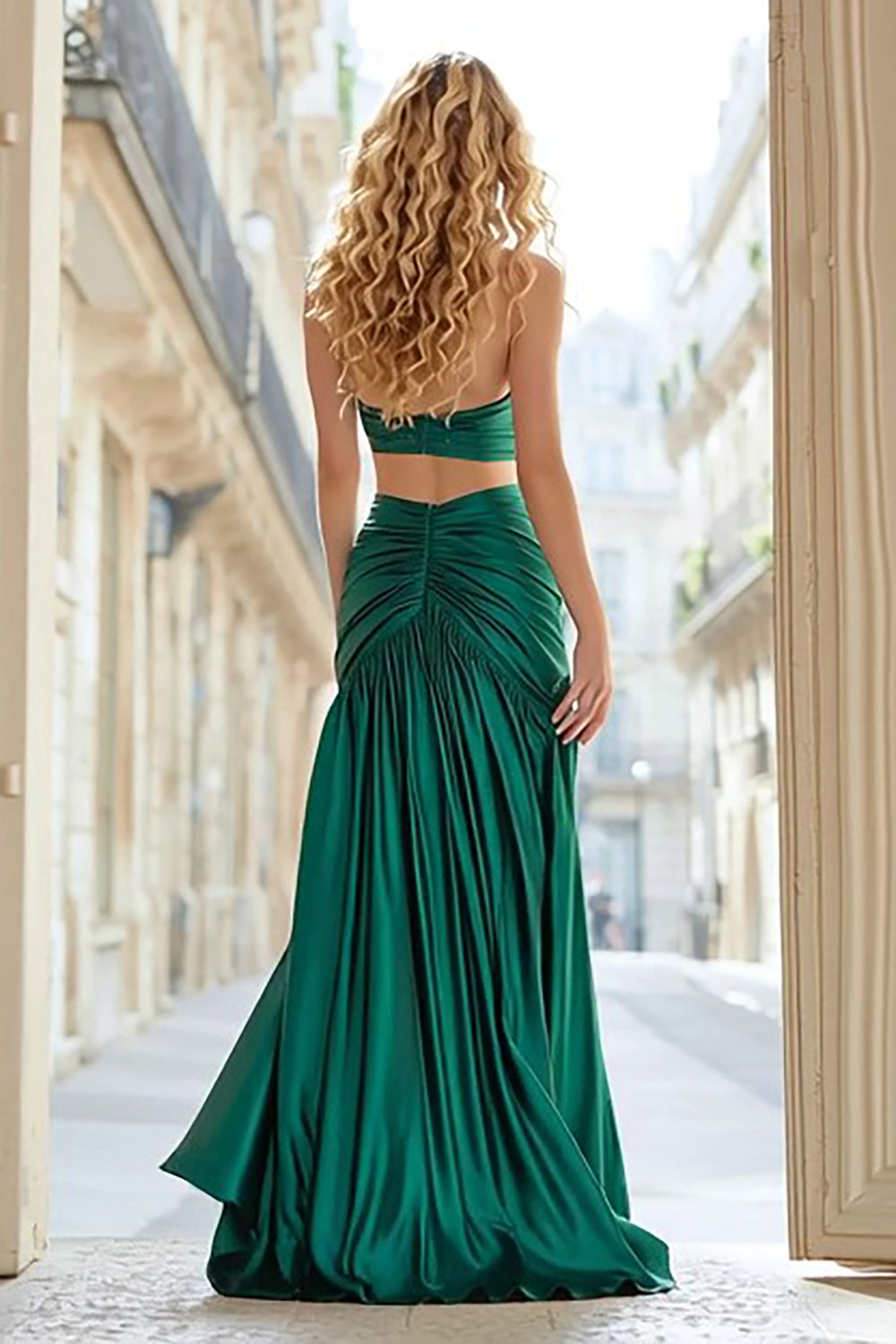 Dark Green Cut Out Ruched Strapless Long Satin Prom Dress with Slit