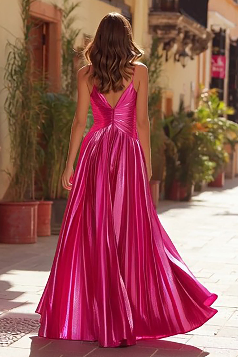 Metallic Fuchsia A-Line Spaghetti Straps Pleated Long Prom Dress with Slit