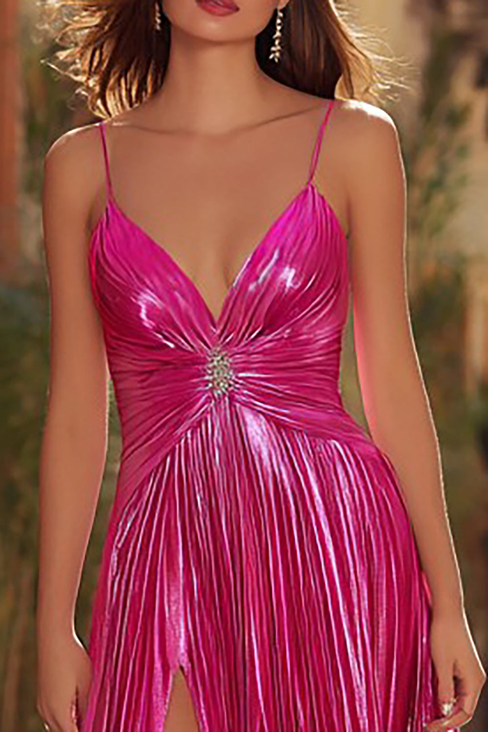 Metallic Fuchsia A-Line Spaghetti Straps Pleated Long Prom Dress with Slit