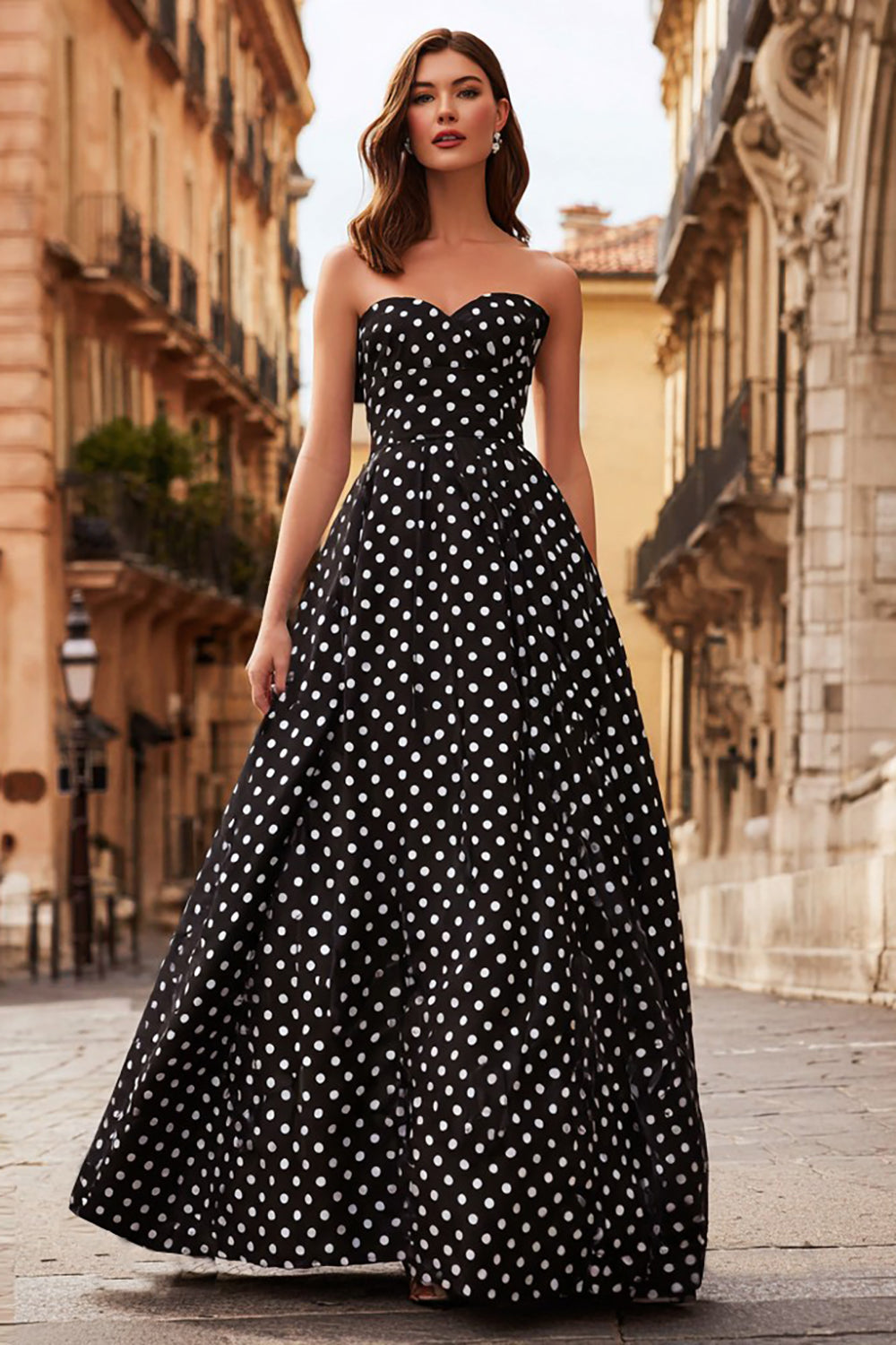 Elegant Black and White A Line Polka Dots Strapless Long Prom Dress