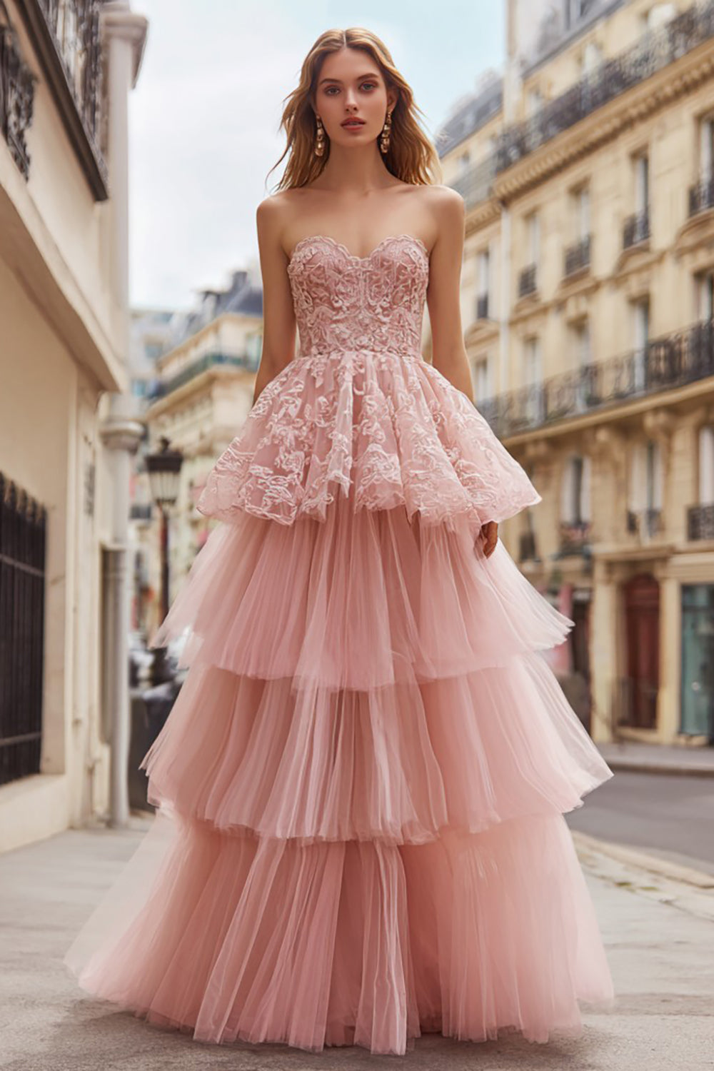 Pink Ball Gown Tulle Strapless Tiered Long Prom Dress with Lace