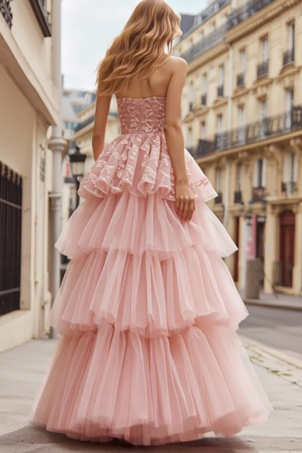 Pink Ball Gown Tulle Strapless Tiered Long Prom Dress with Lace