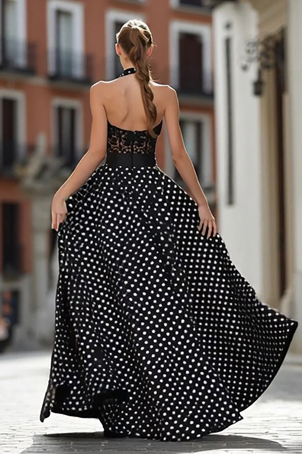 Black and White A-Line Polka Dots Halter Long Corset Prom Dress with Lace