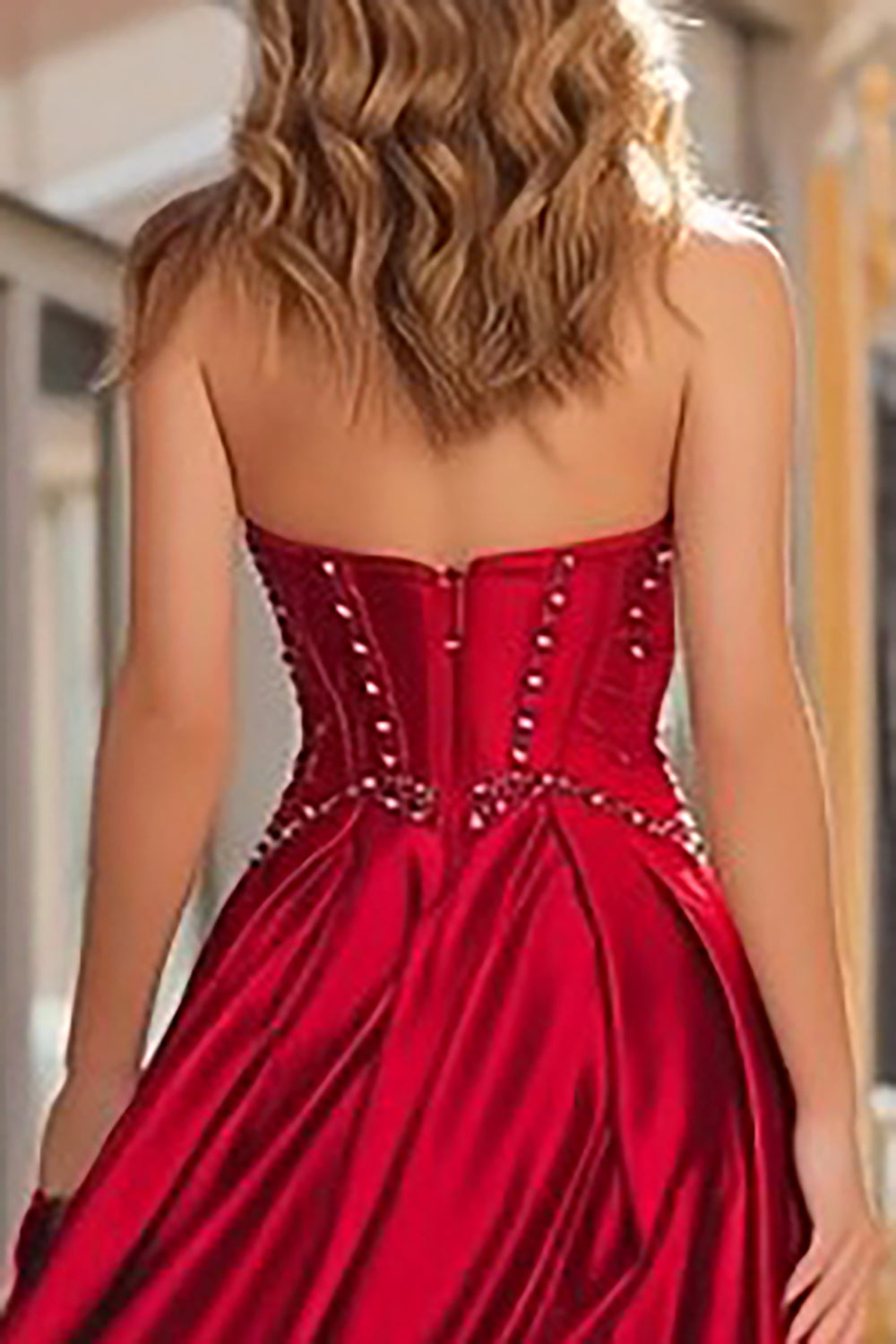 Sparkly Red Satin A-Line Beaded Strapless Long Corset Prom Dress with Slit