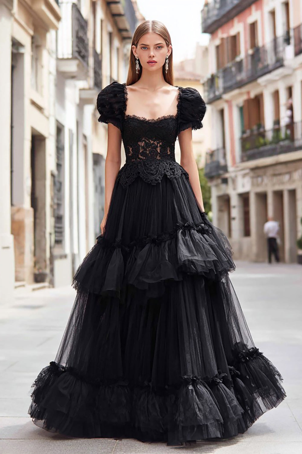 Black Tulle Ball Gown Tiered Puff Sleeves Long Prom Dress with Lace