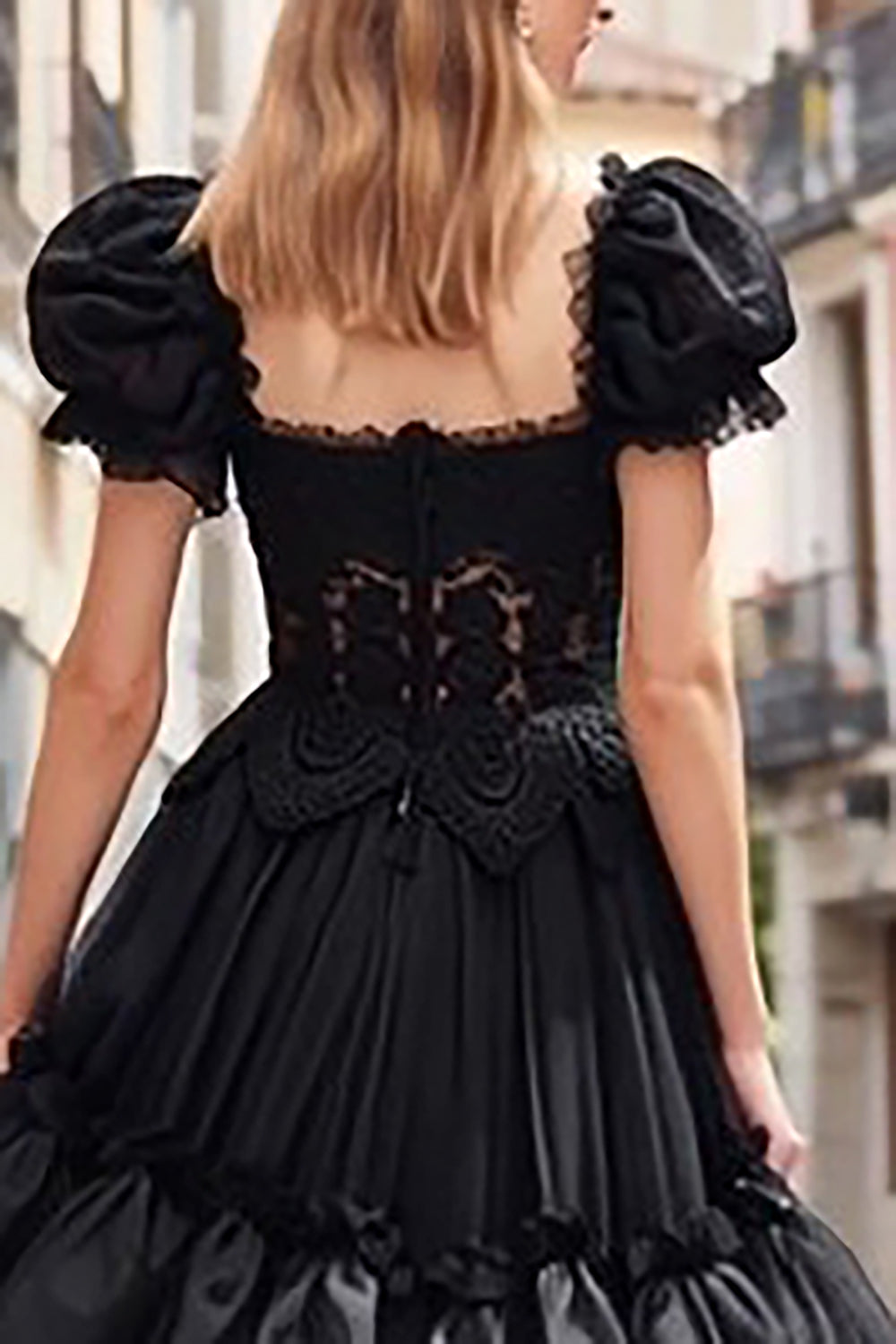 Black Tulle Ball Gown Tiered Puff Sleeves Long Prom Dress with Lace