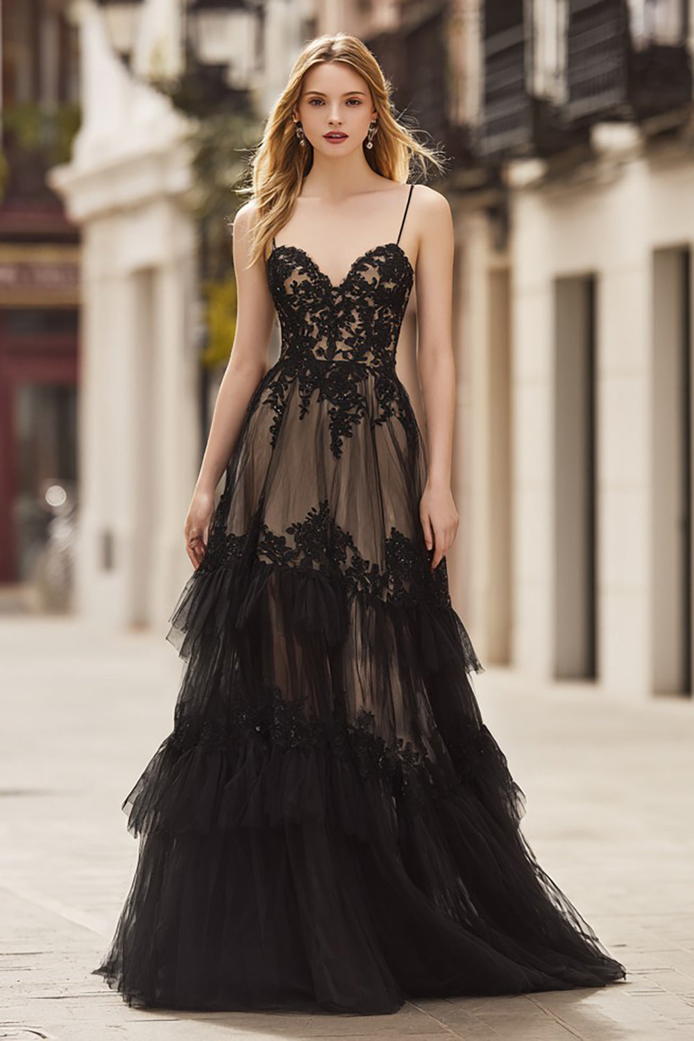 Black Lace A-Line Spaghetti Straps Long Corset Prom Dress with Ruffles