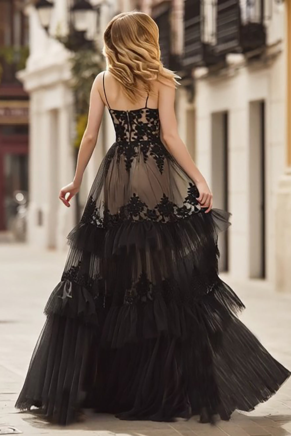 Black Lace A-Line Spaghetti Straps Long Corset Prom Dress with Ruffles