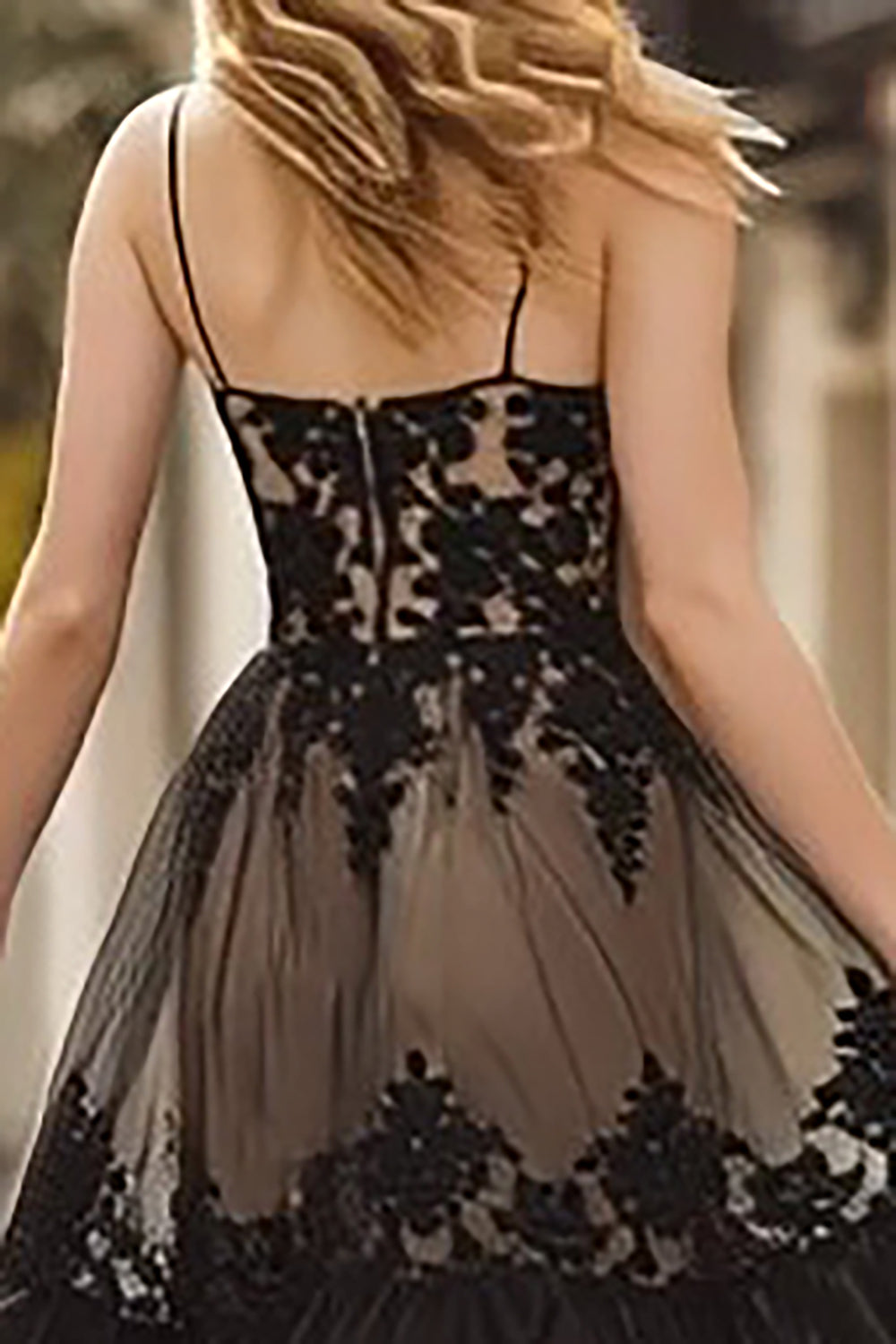Black Lace A-Line Spaghetti Straps Long Corset Prom Dress with Ruffles