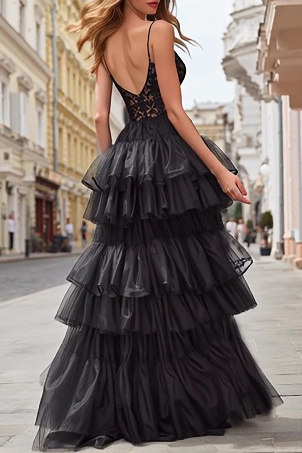 Black Tulle Ball Gown Tiered Spaghetti Straps Long Corset Prom Dress with Lace