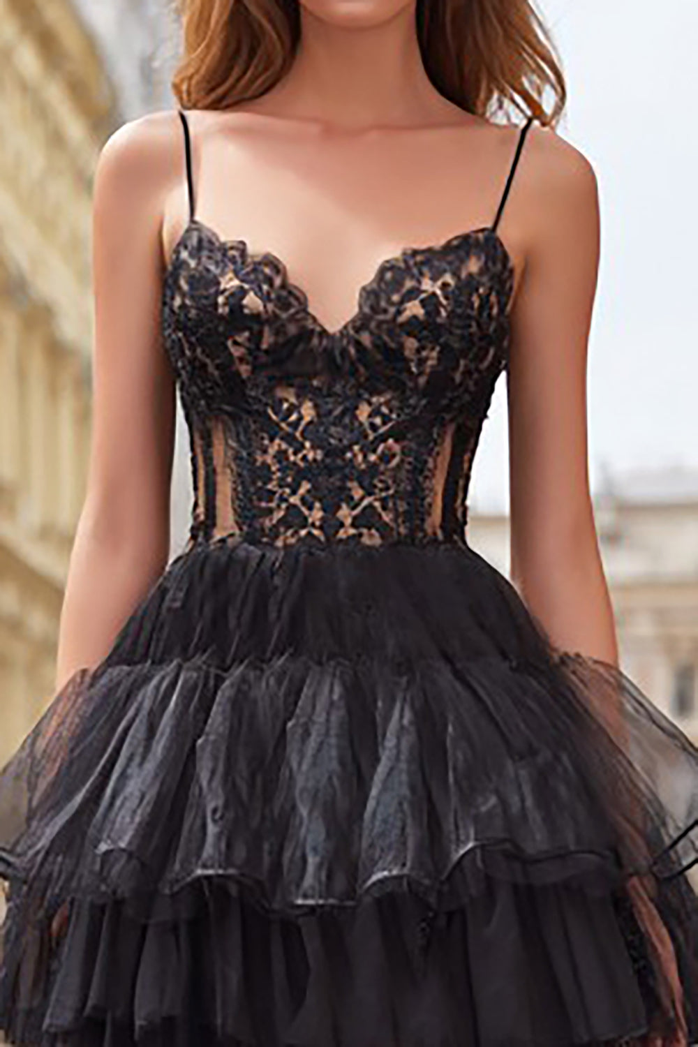 Black Tulle Ball Gown Tiered Spaghetti Straps Long Corset Prom Dress with Lace
