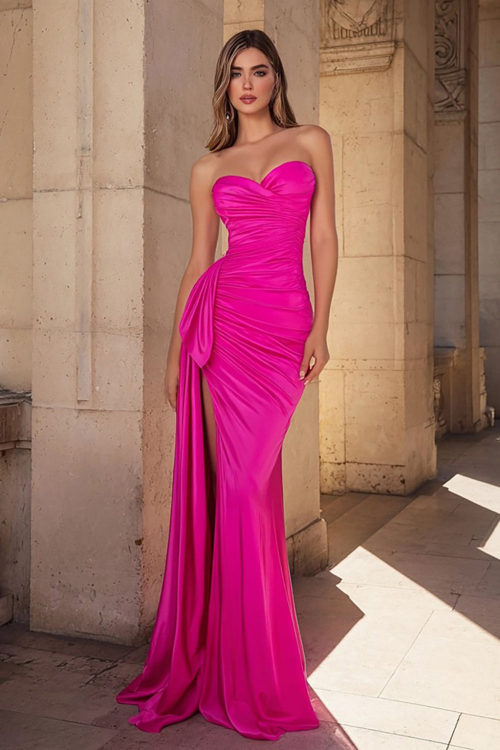 Fuchsia Satin Mermaid Ruched Sweetheart Long Prom Dress with Slit