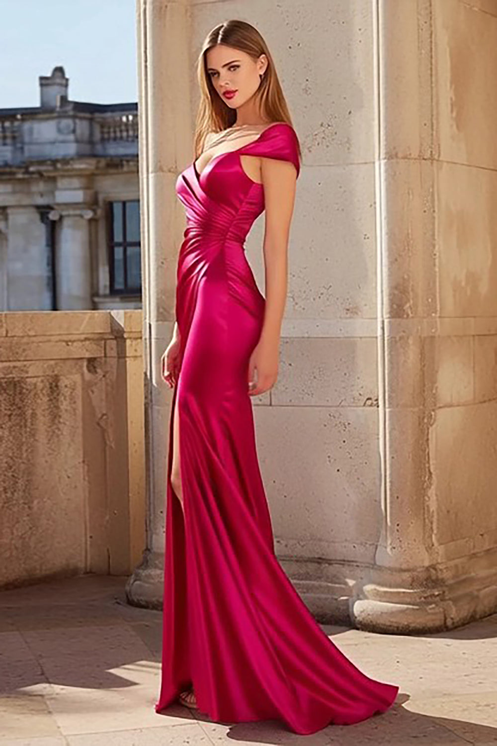 Fuchsia Satin One Shoulder Ruched Long Mermaid Prom Dress with Slit