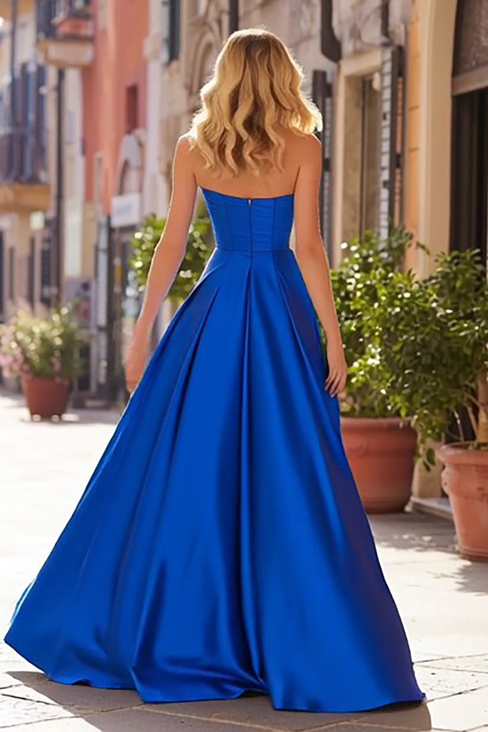 Royal Blue Satin A-Line Strapless Long Prom Dress with Slit