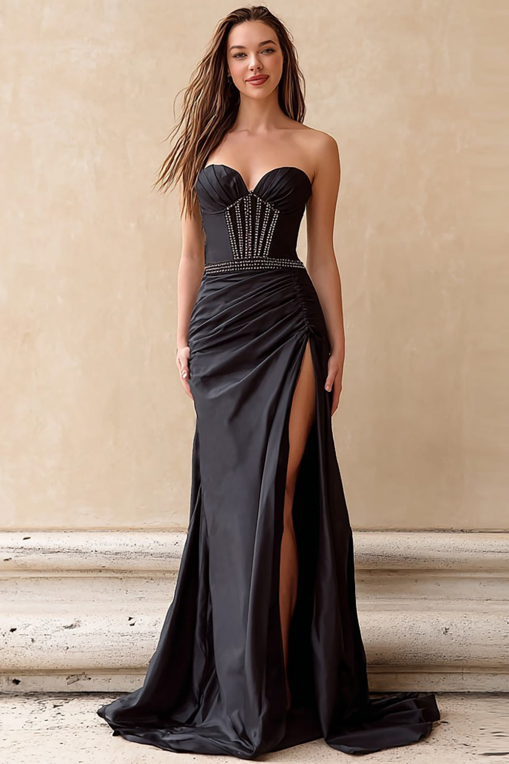 Sparkly Black Mermaid Beaded Sweetheart Long Corset Prom Dress with Slit