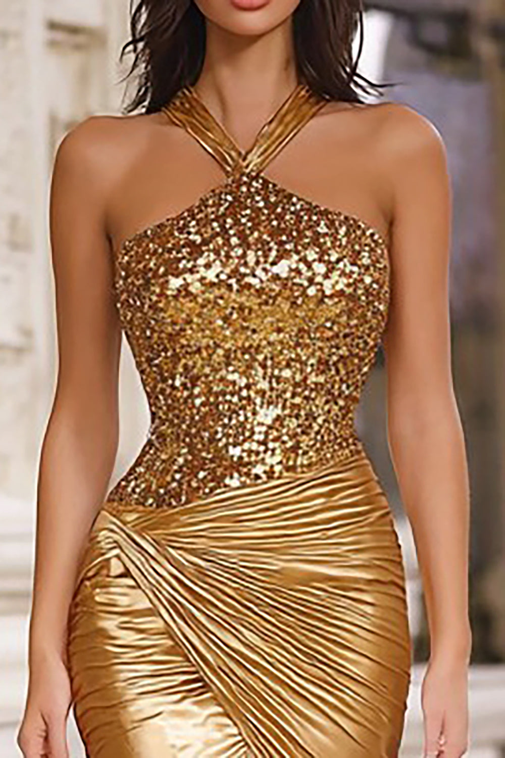 Hellymoon Women Sparkly Gold Long Mermaid Prom Dress with Sequins Halter Ruched Formal Dress