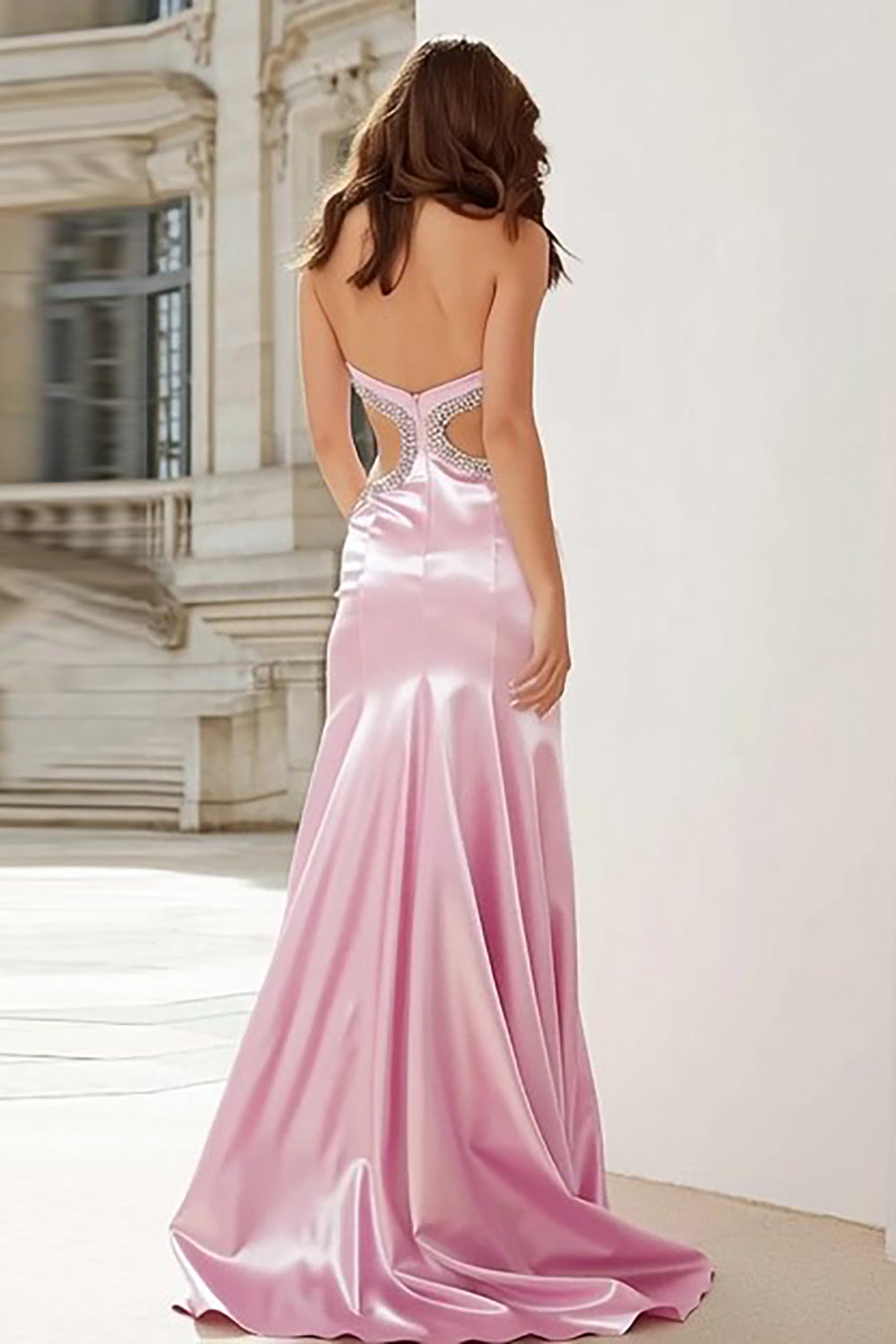 Sparkly Pink Strapless Mermaid Cut Out Long Satin Prom Dress with Slit