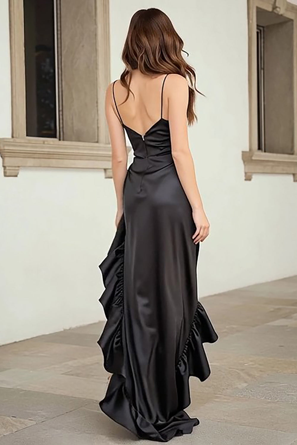 Black Mermaid Satin Ruffled High Low Prom Dress with Slit