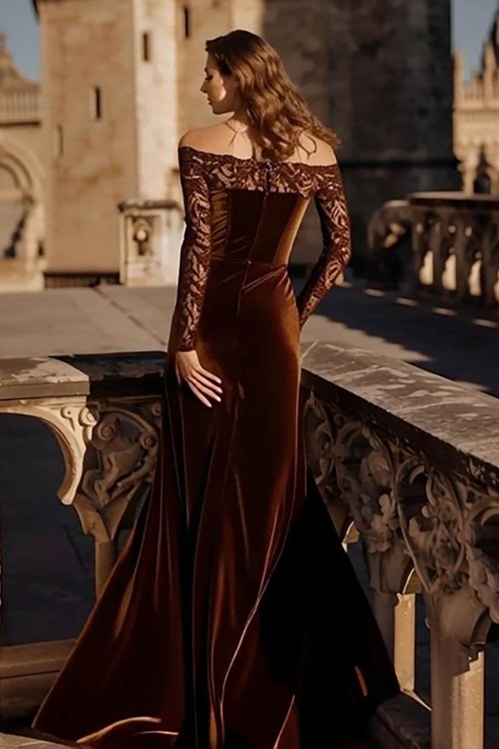 Brown Velvet Off the Shoulder Mermaid Long Sleeves Holiday Party Dress with Lace