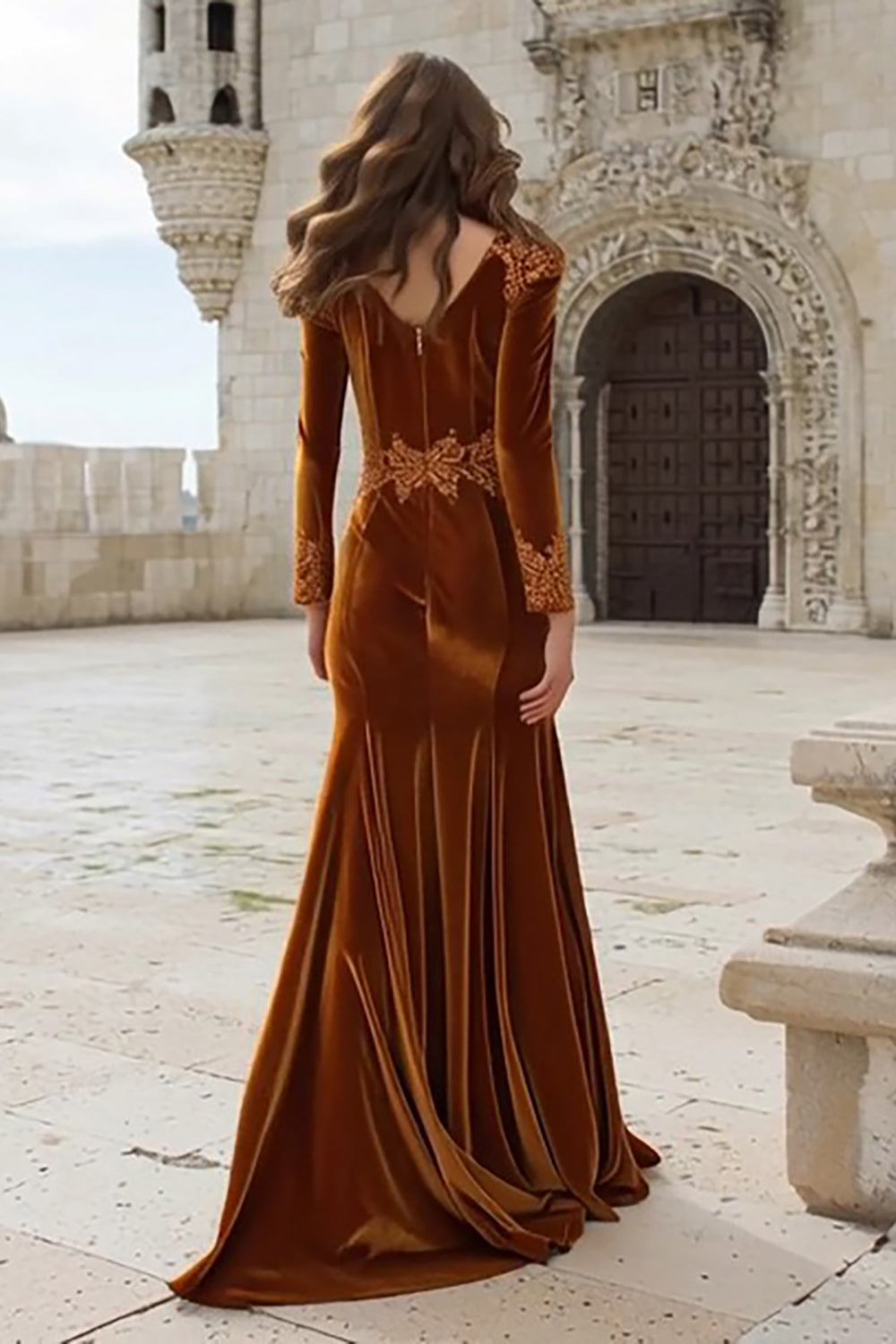 Caramel Velvet Long Mermaid Holiday Party Dress with Appliques