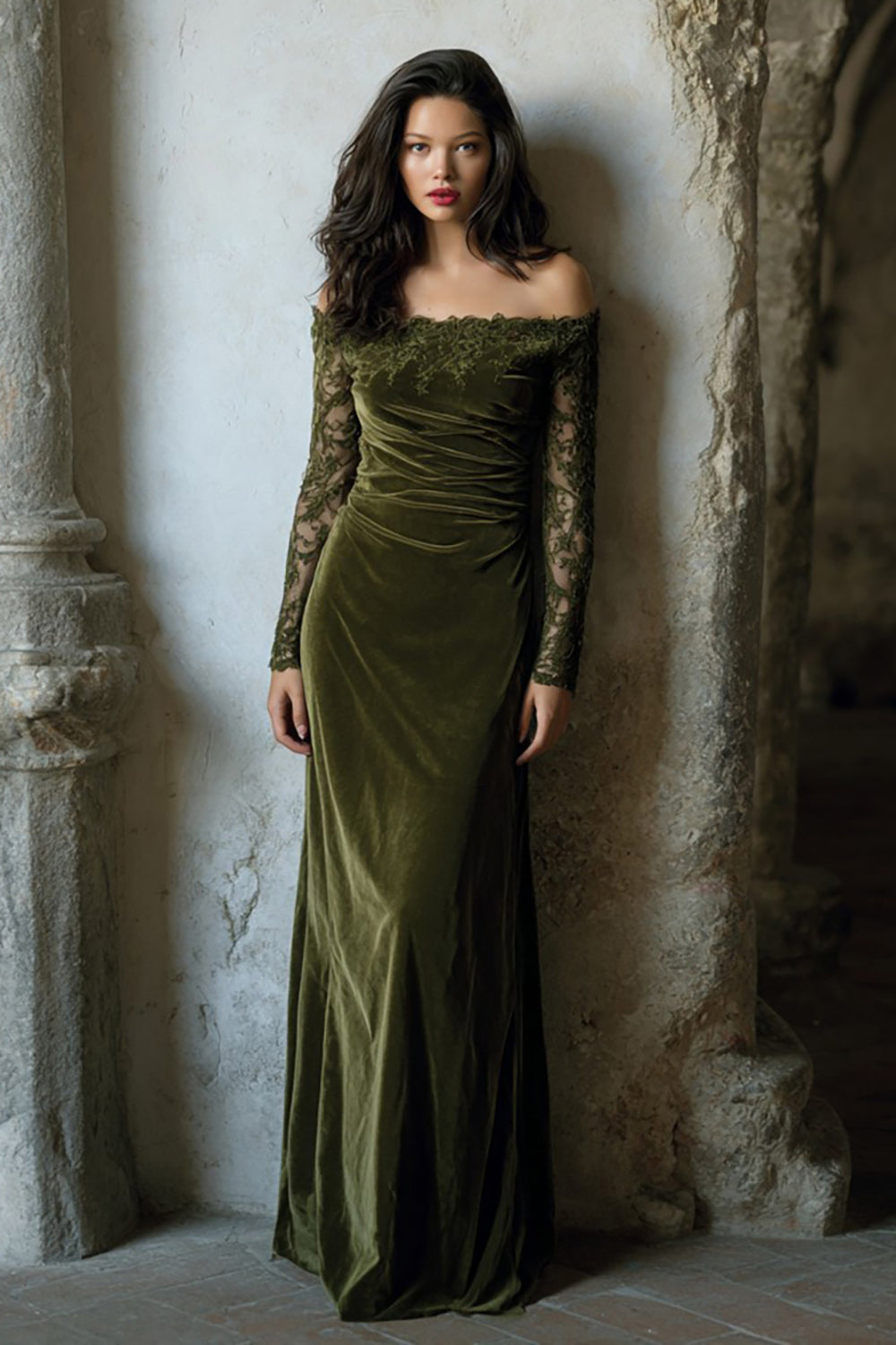 Olive Velvet Off the Shoulder Long Mermaid Holiday Party Dress with Lace