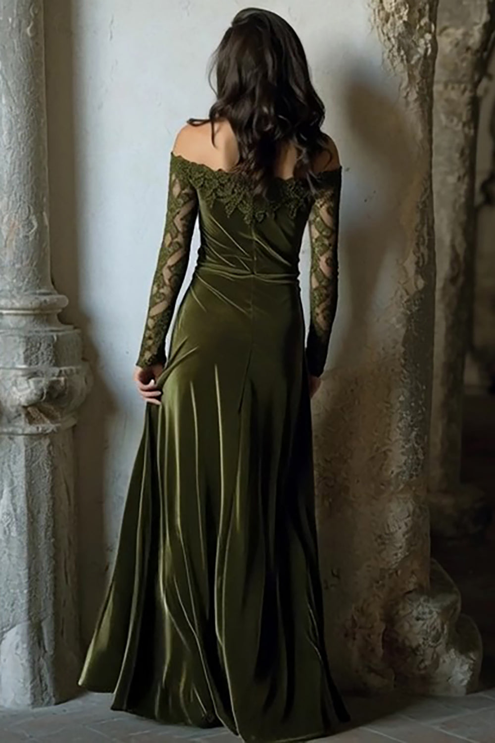 Olive Velvet Off the Shoulder Long Mermaid Holiday Party Dress with Lace