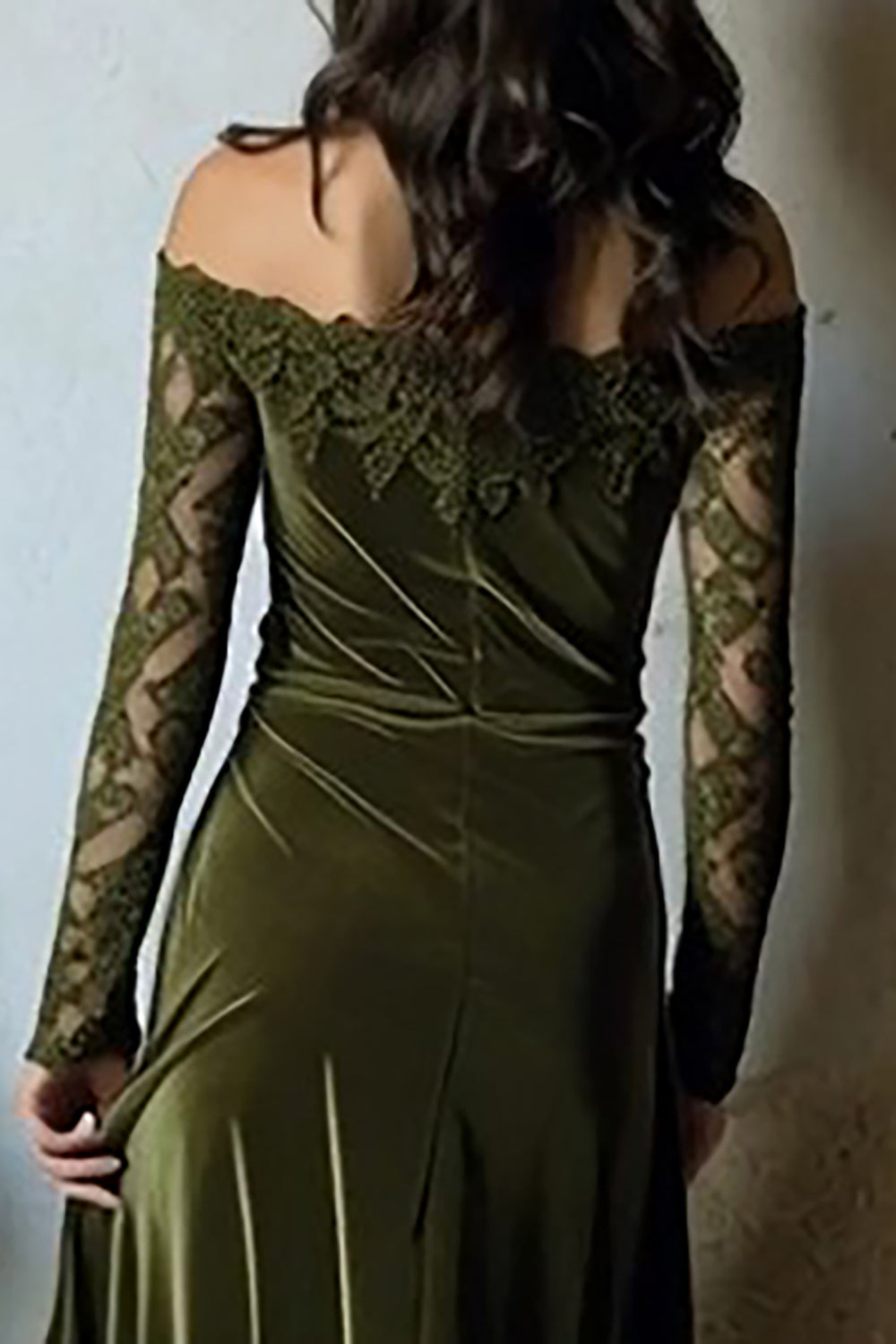 Olive Velvet Off the Shoulder Long Mermaid Holiday Party Dress with Lace