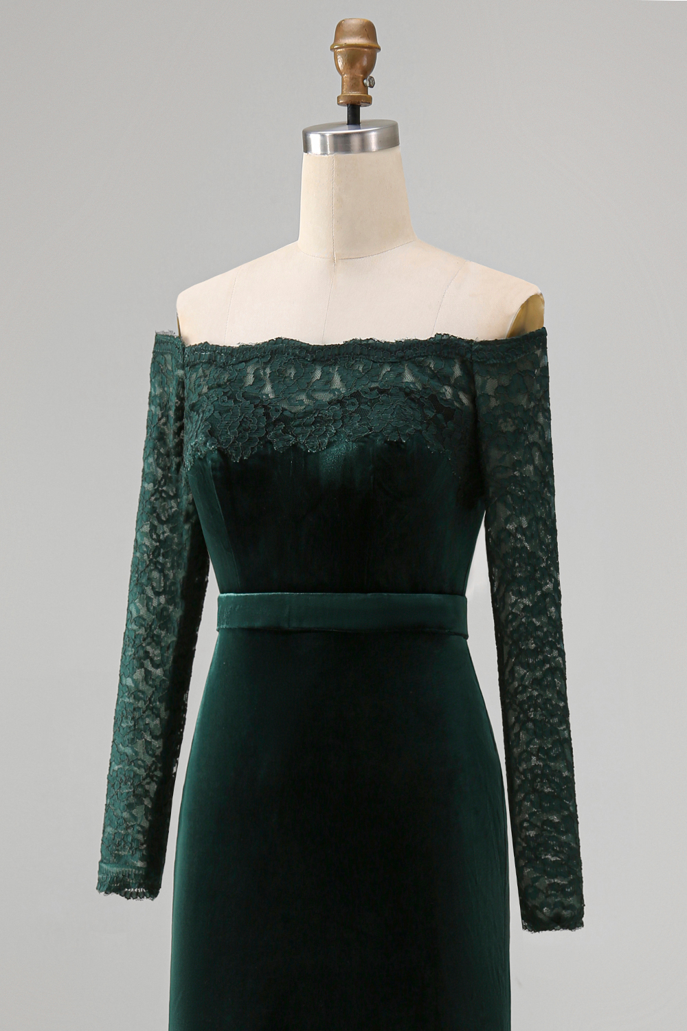 Dark Green Mermaid Off the Shoulder Long Holiday Party Dress with Lace