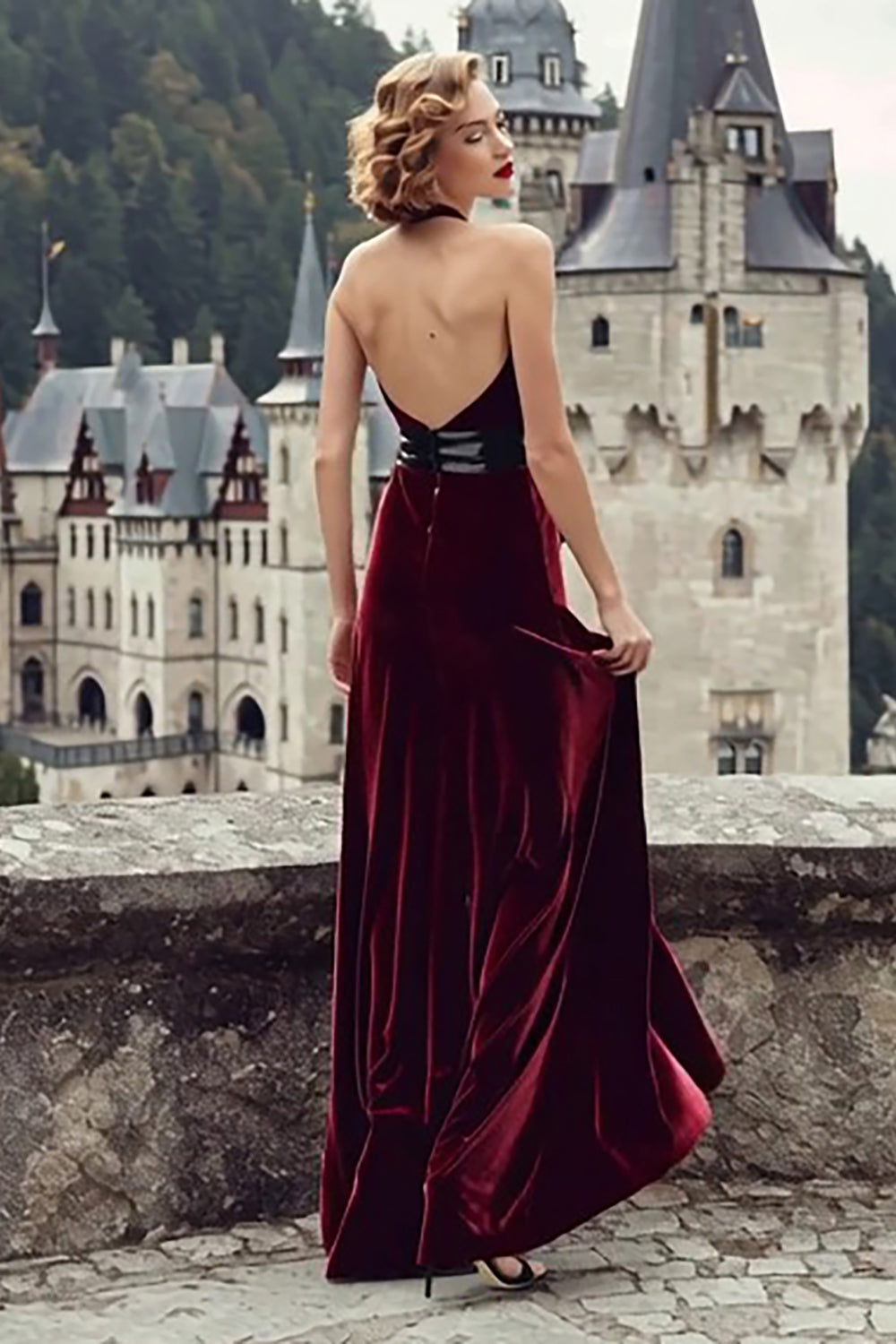 Burgundy Velvet Halter Backless Long Mermaid Holiday Party Dress with Bow