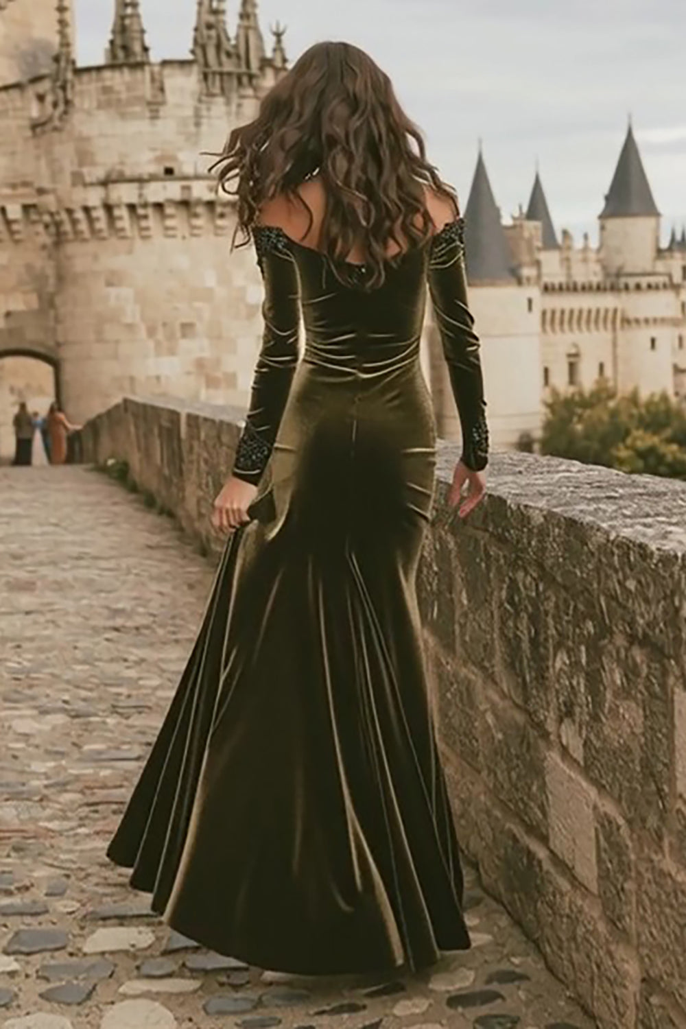 Elegant Olive Mermaid Off the Shoulder Long Velvet Holiday Party Dress