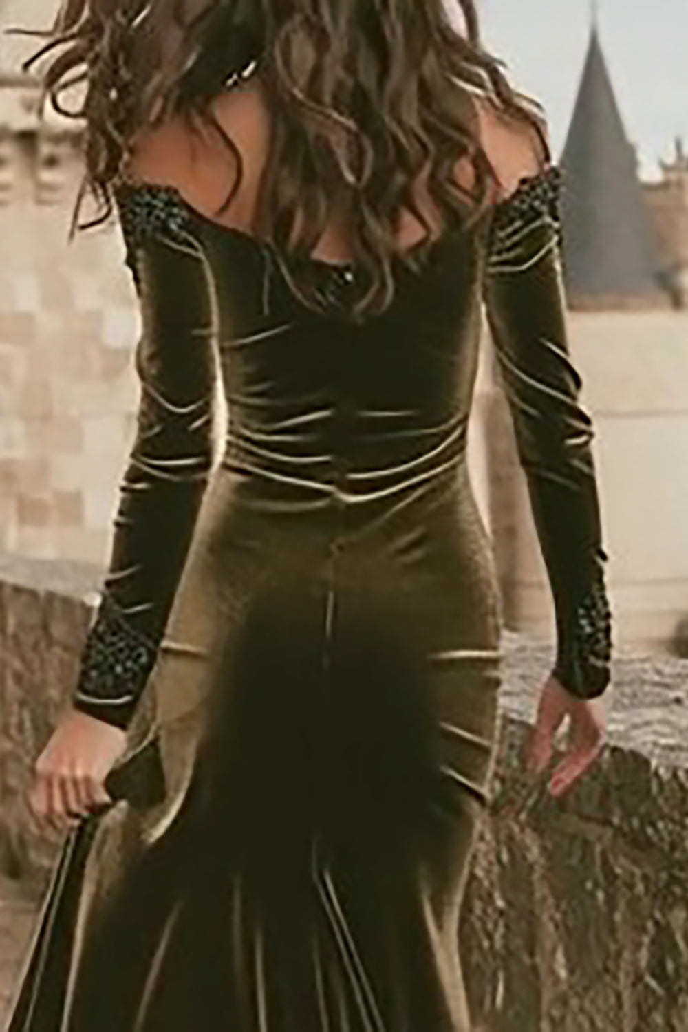 Elegant Olive Mermaid Off the Shoulder Long Velvet Holiday Party Dress