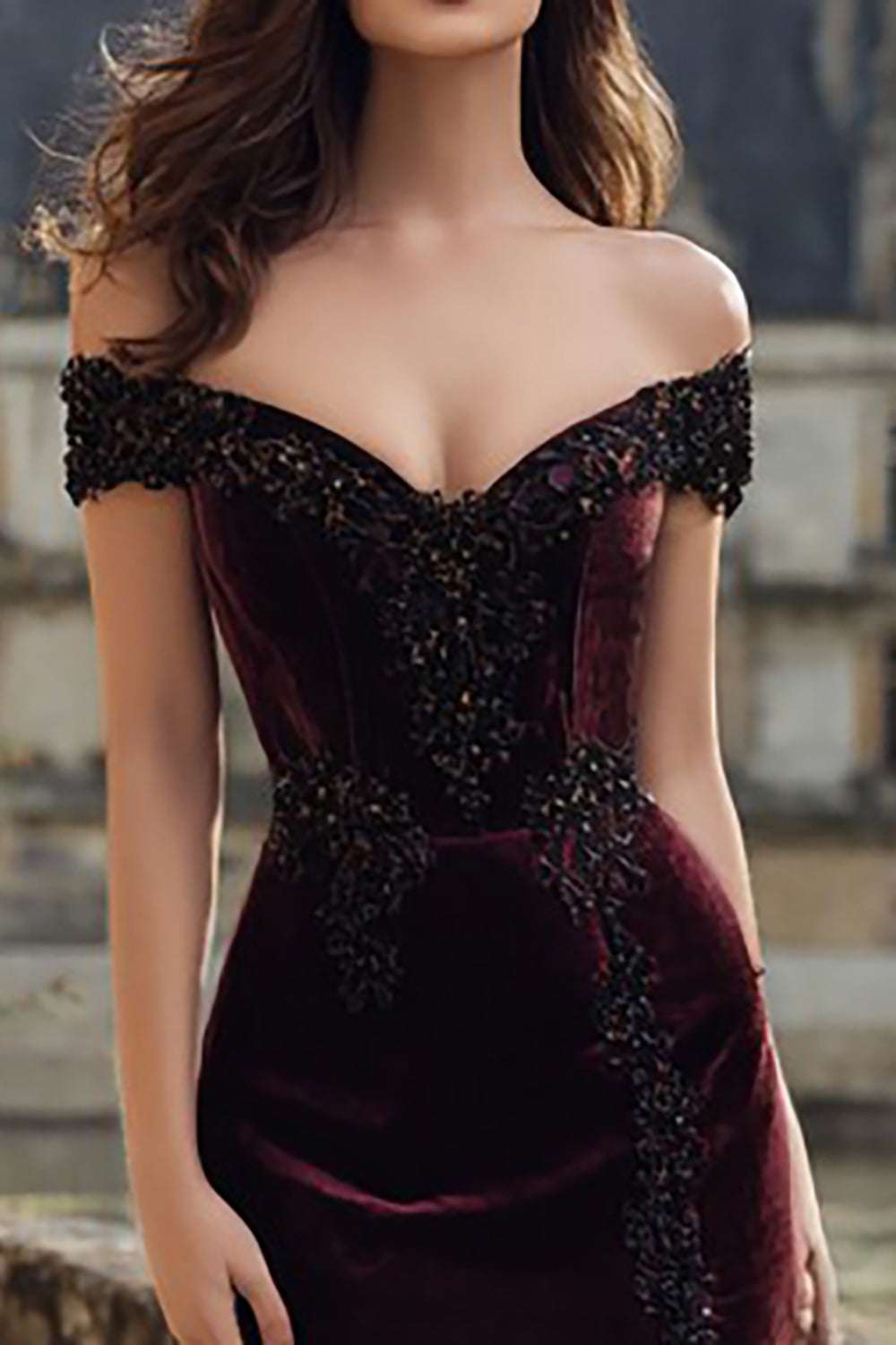 Burgundy Velvet Off the Shoulder Mermaid Long Holiday Party Dress with Slit