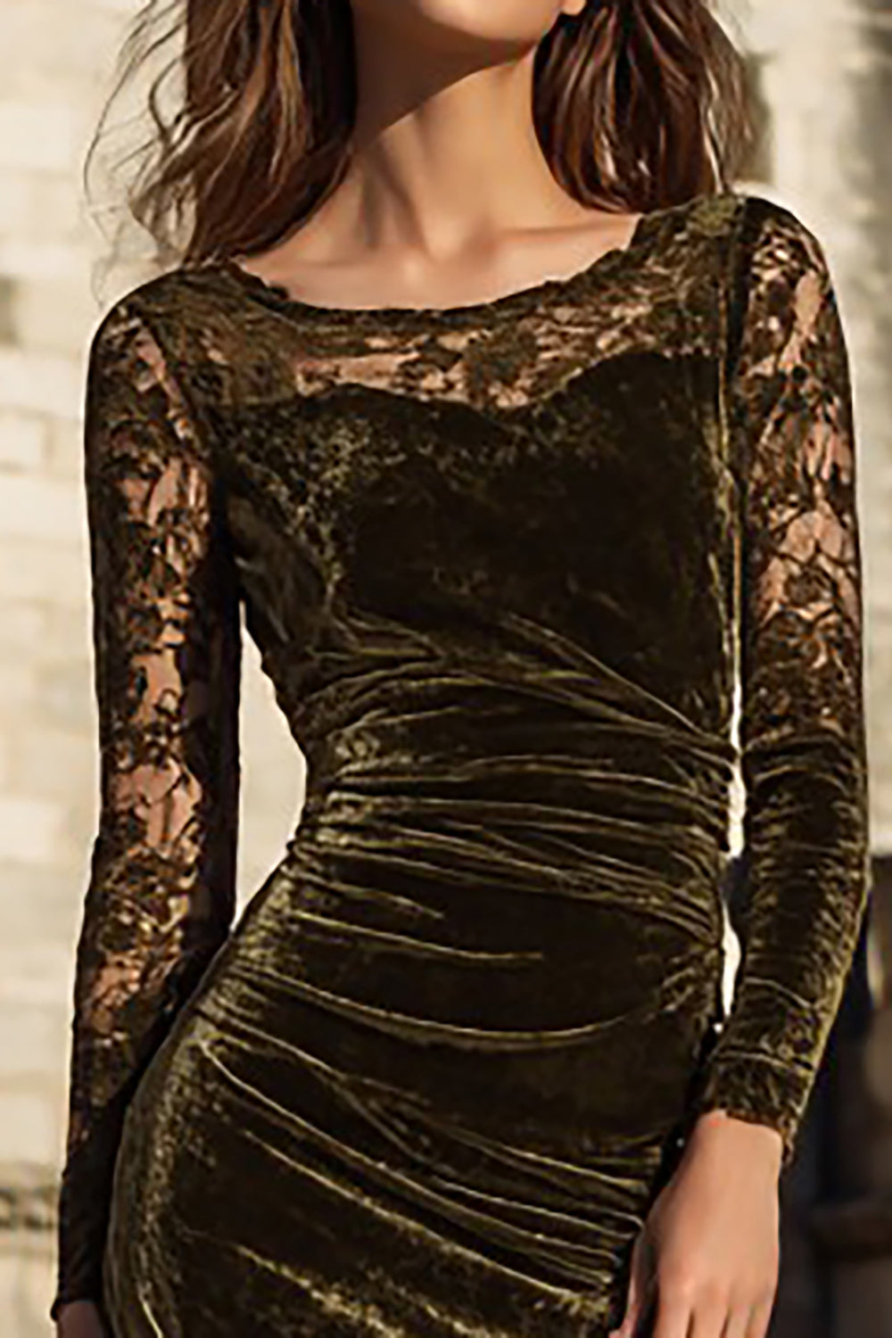 Olive Velvet Mermaid Long Sleeves Holiday Party Dress with Lace
